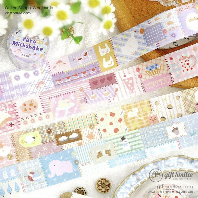 Pastel patchwork washi tape with cute designs of animals and patterns, displayed on lace and daisies