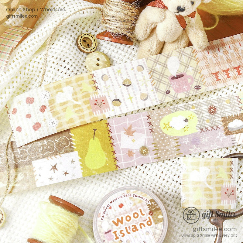 Yellow and brown patchwork washi tape with pears, sheep, and cozy autumn designs, styled with buttons