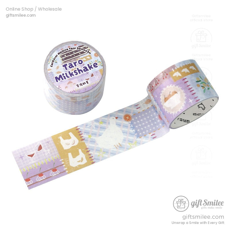 Taro Milkshake washi tape roll with pastel animals and patterns, ideal for scrapbooking and journaling