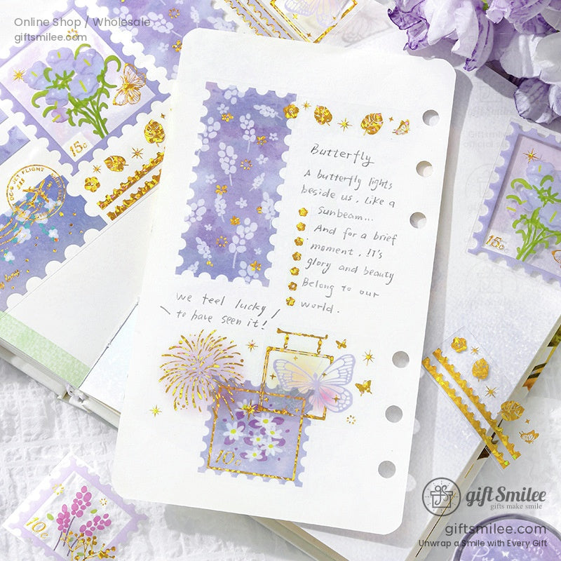 Journaling page decorated with purple floral washi tape featuring gold foil accents and poetic designs