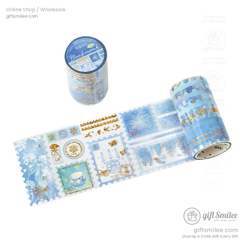 Blue and white vintage-style washi tape roll with intricate designs, perfect for creative crafts