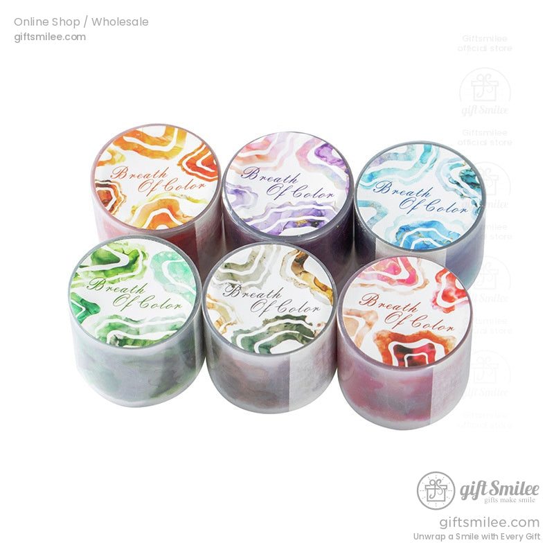 Set of 6 colorful watercolor washi tape rolls in various patterns