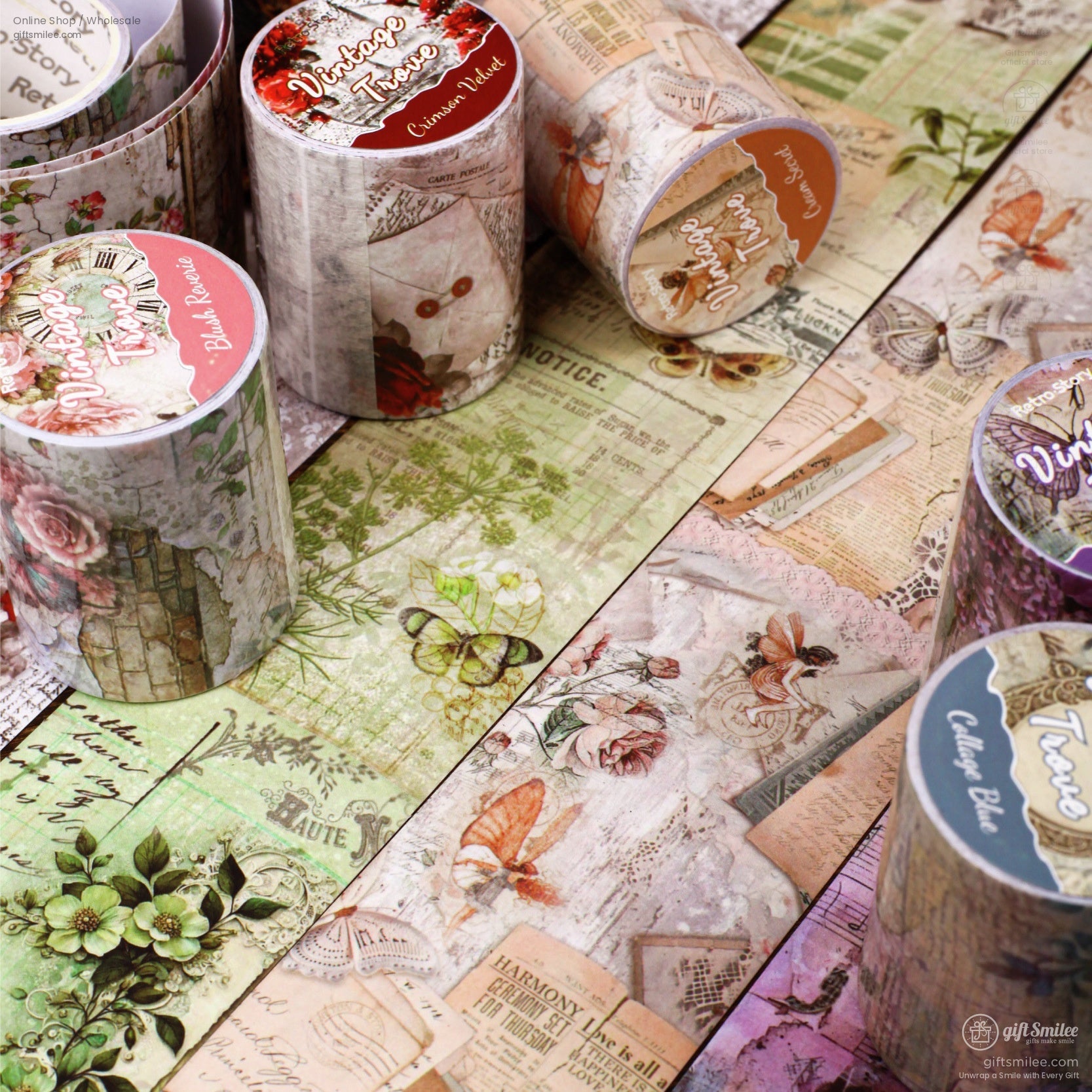 Multiple rolls of vintage floral and butterfly washi tape displayed on a retro-themed background