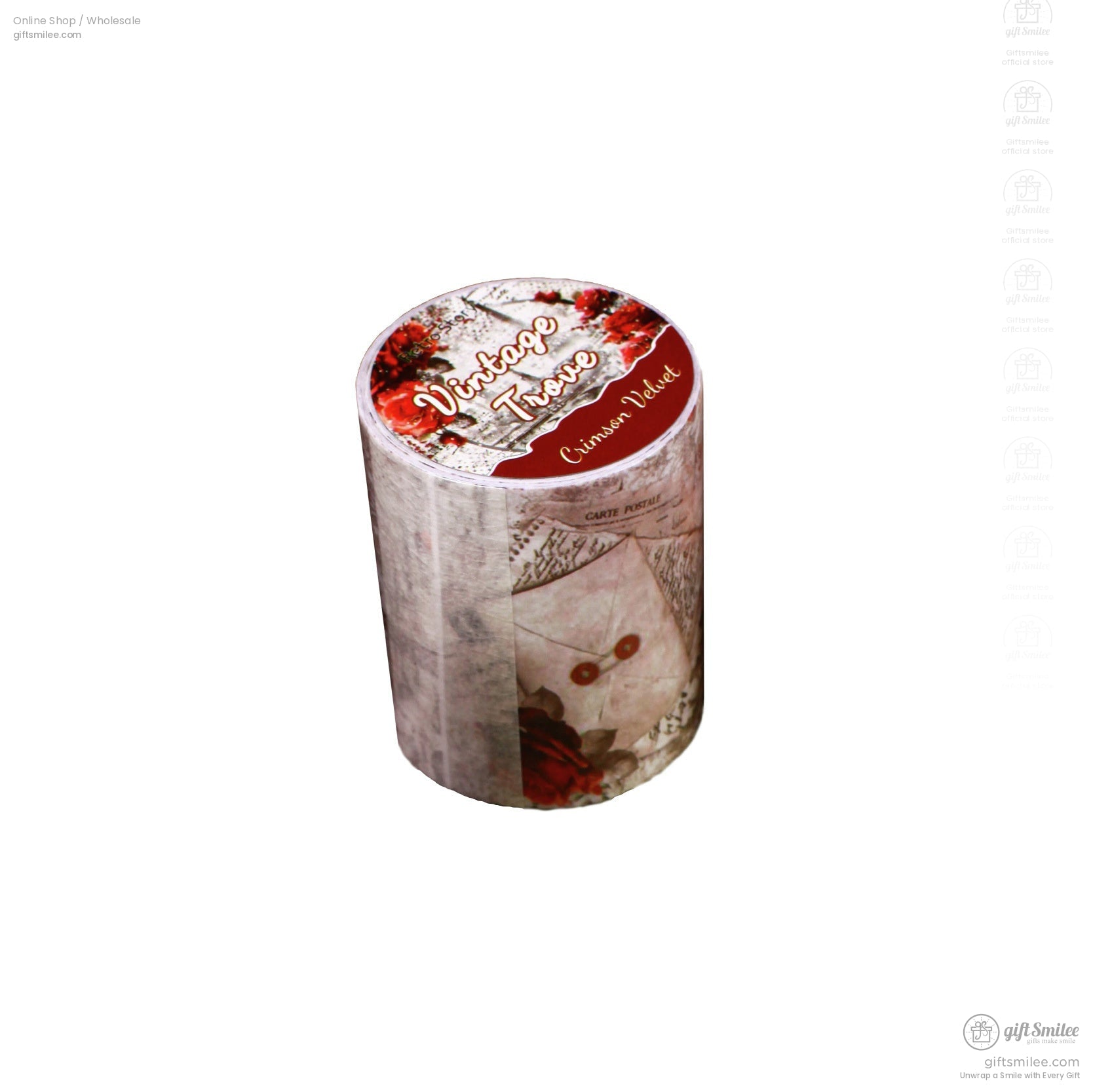Single roll of crimson velvet vintage washi tape with delicate floral and butterfly patterns