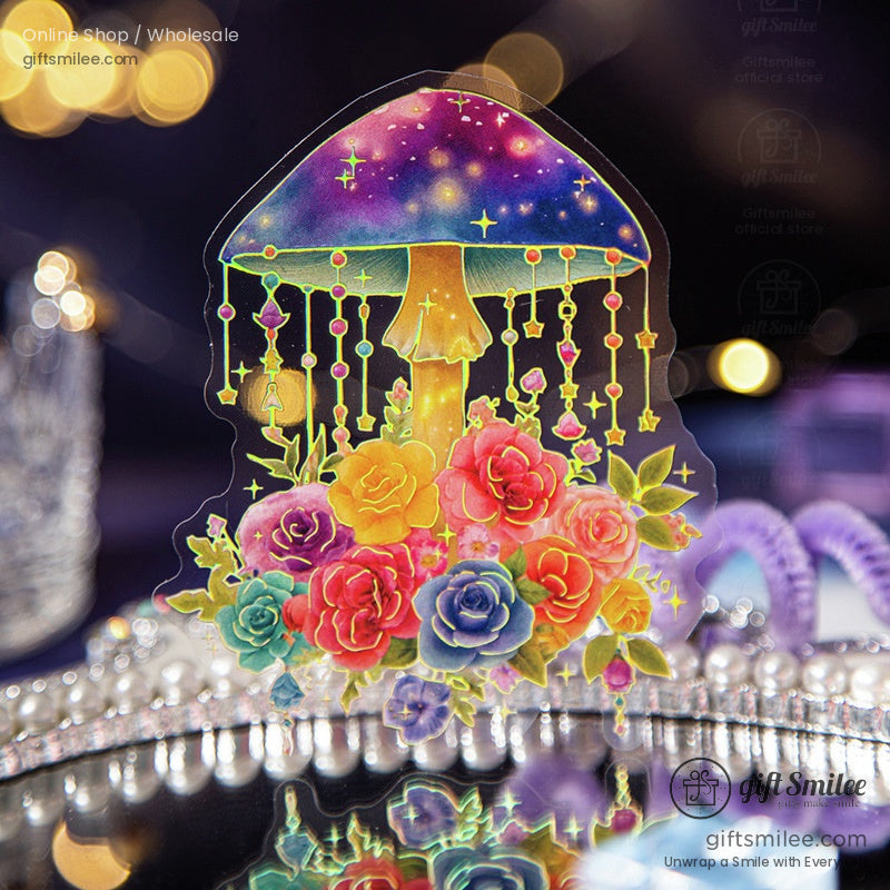 A close-up of a whimsical mushroom surrounded by vibrant roses and glowing stars in a night scene.