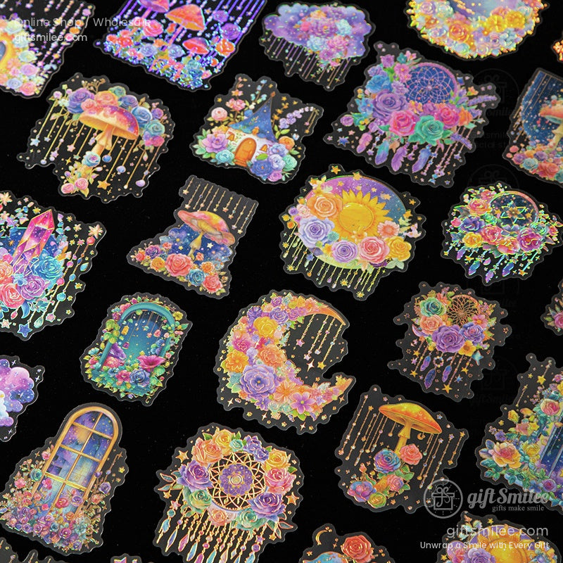 A collection of fantasy-inspired stickers showcasing dreamy designs like moons, windows, and flowers.