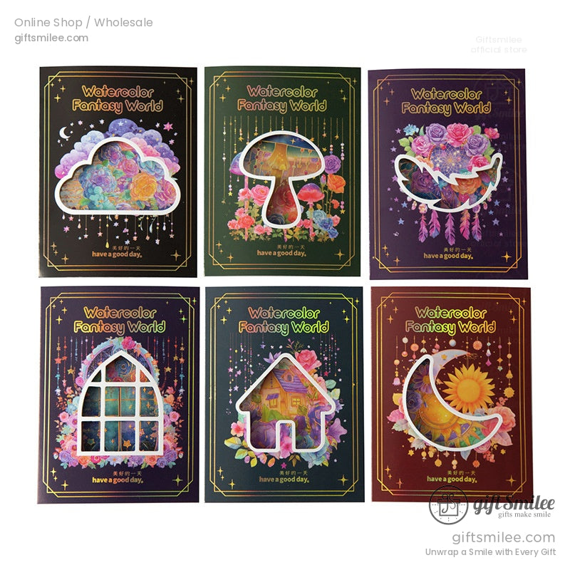 Six sticker packs with unique cutouts of fantasy themes like clouds, mushrooms, and suns.