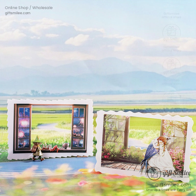 Two vintage window-themed postcards set against a countryside landscape backdrop