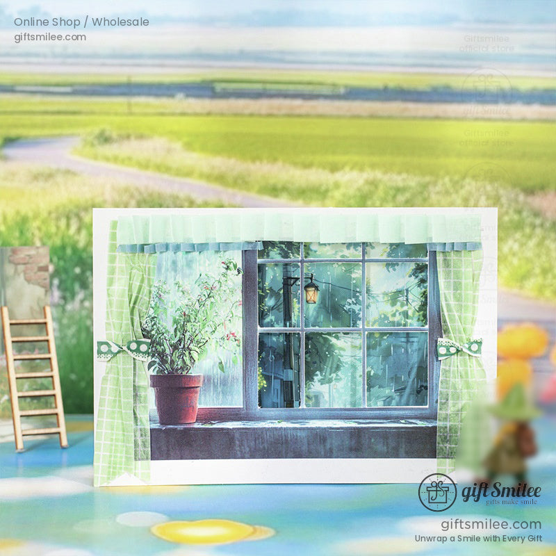 Retro-style postcard featuring a green window with curtains and potted plants