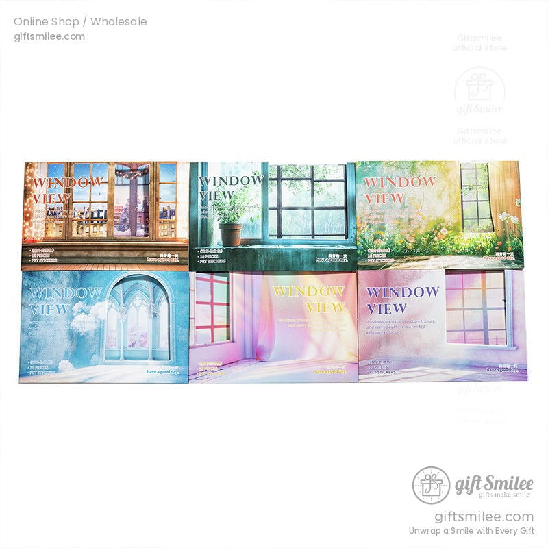 Complete set of window view postcard designs showcasing various styles and colors