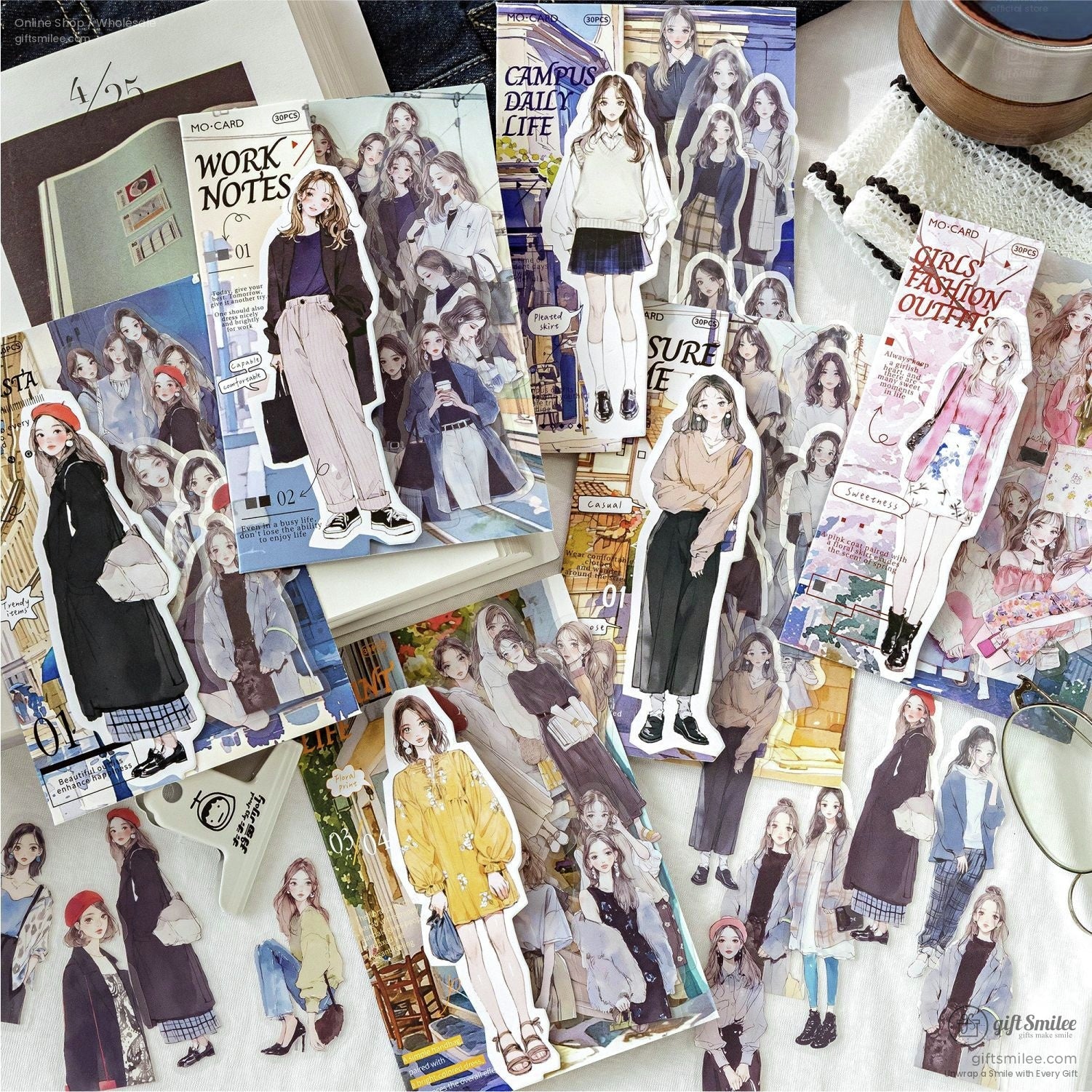 Assorted aesthetic scrapbook sticker packs featuring girls in retro outfits, perfect for journaling.
