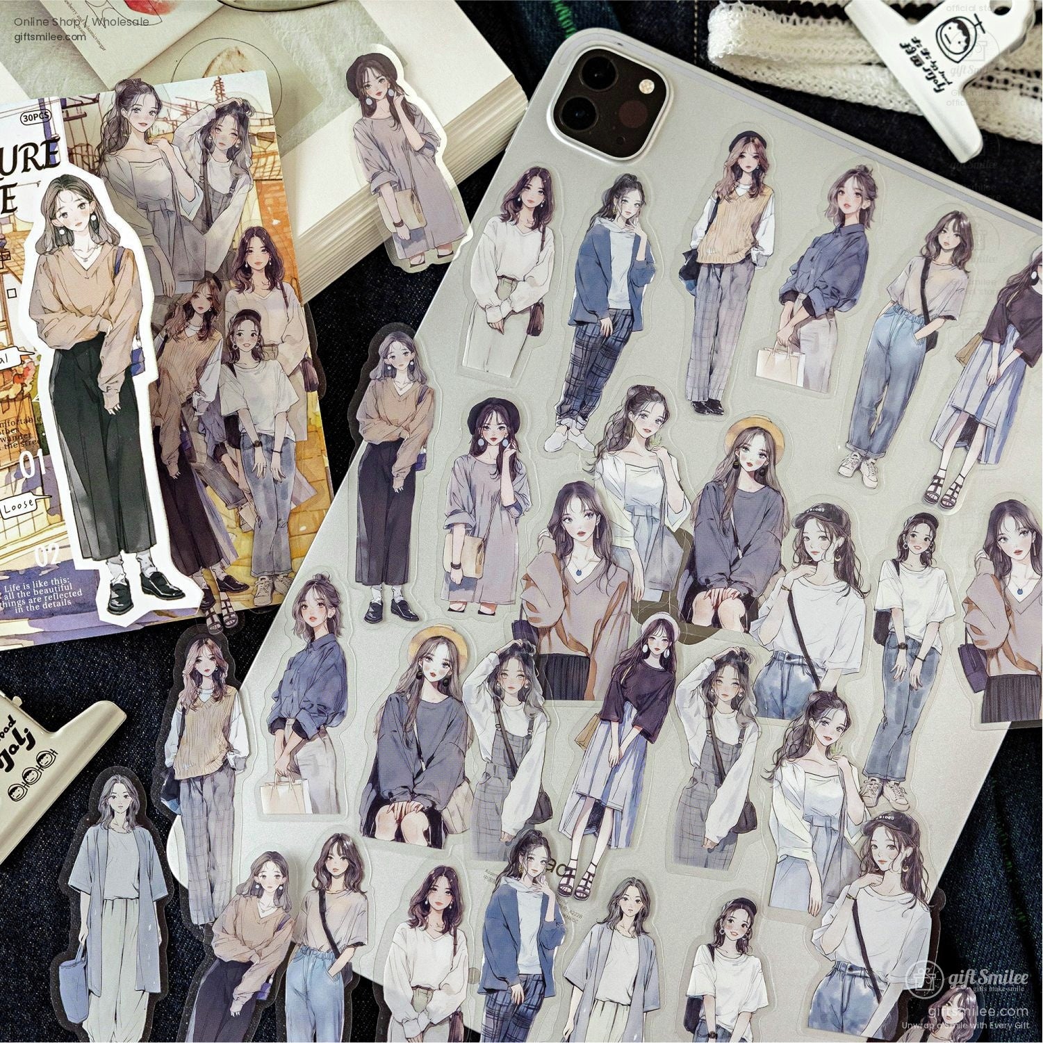 Fashion girl sticker sheet with different retro-style characters for DIY crafts.