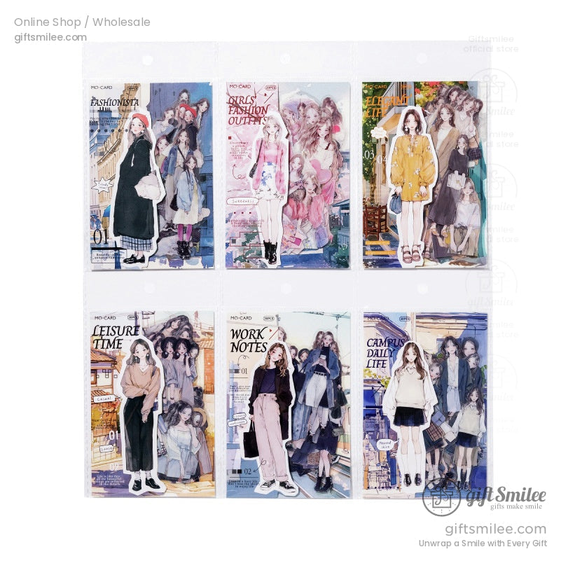 Six packs of fashion girl aesthetic stickers, each with a unique vintage theme.