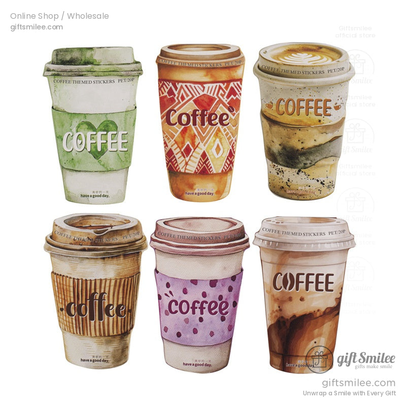 Close-up of six uniquely designed coffee-themed vinyl stickers on a white background.