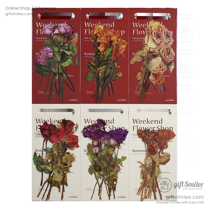 Packaged sets of pressed rose bouquet stickers, labeled "Weekend Flower Shop"