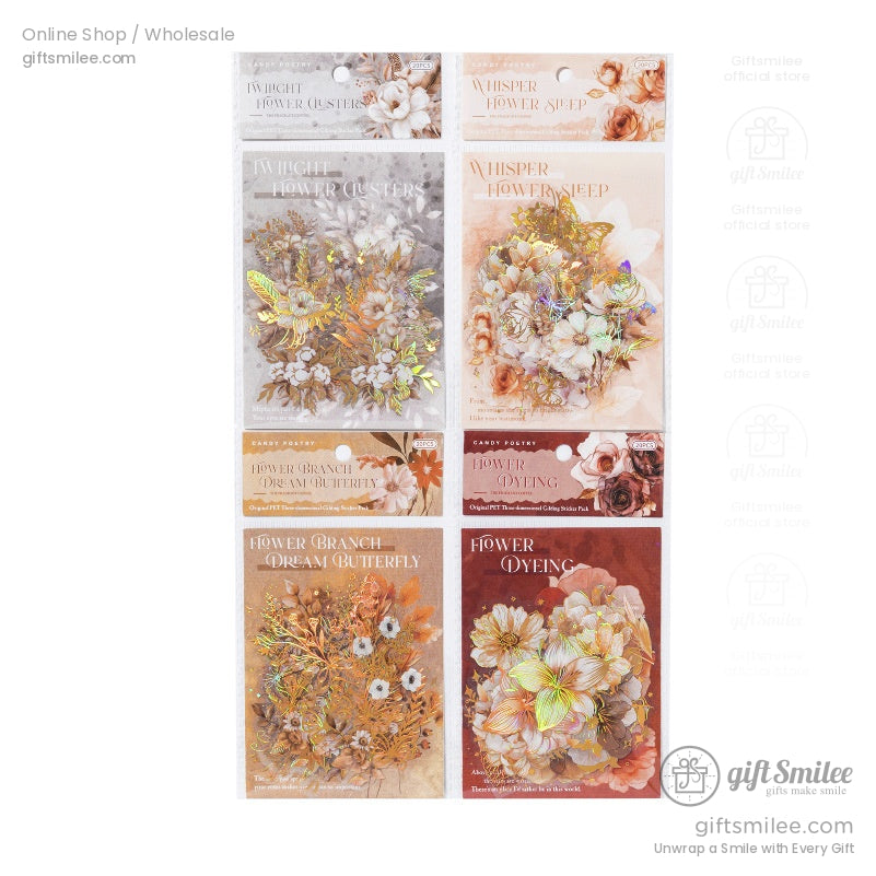 A complete view of multiple sticker packs with vintage floral designs, perfect for scrapbooking or journaling.