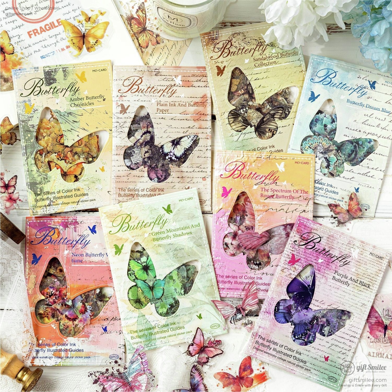 A collection of vintage-inspired butterfly sticker packs with colorful designs