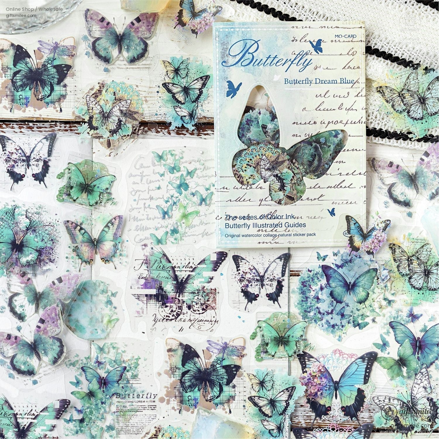 Detailed view of blue and green watercolor butterfly stickers spread out