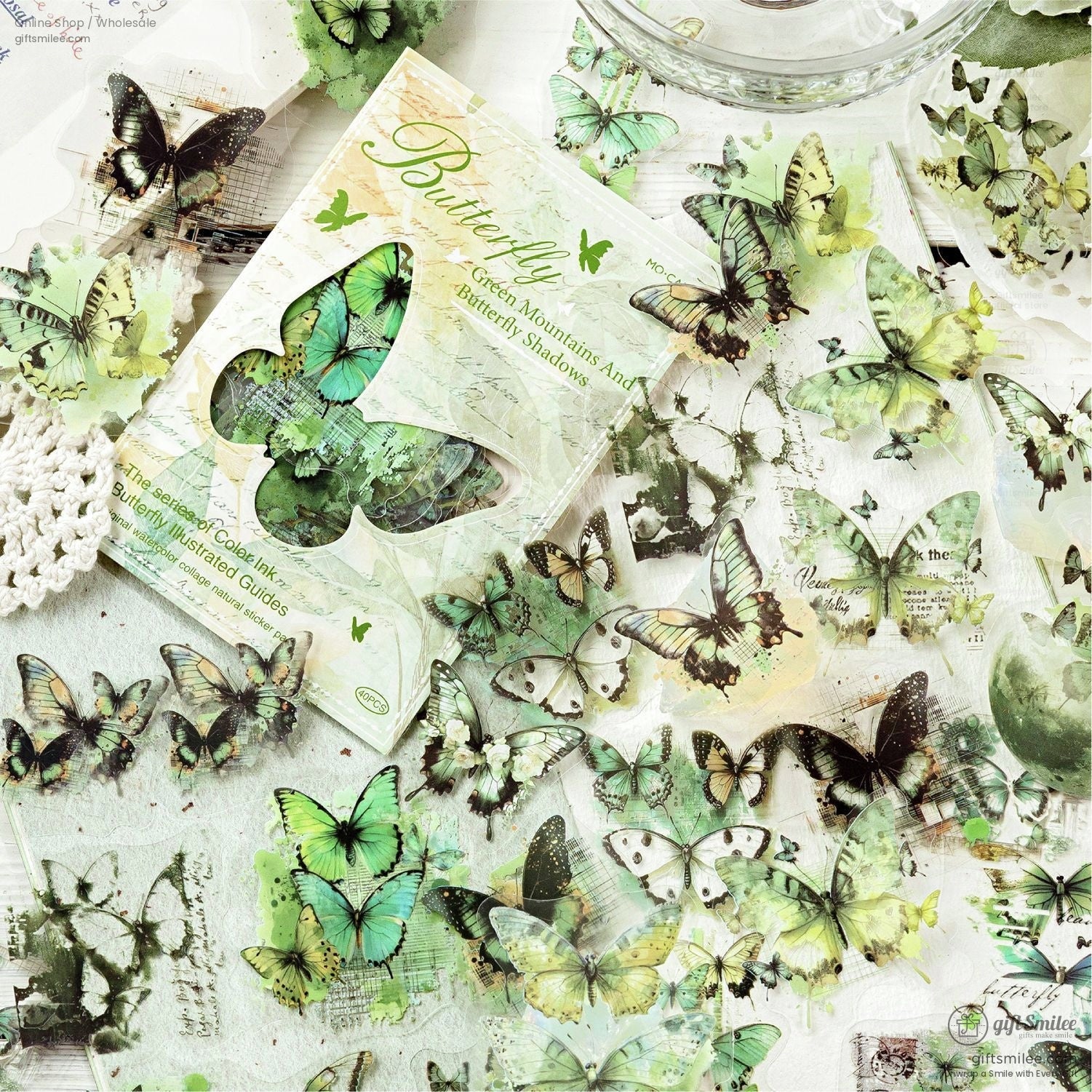 Green-themed butterfly stickers arranged for crafting projects