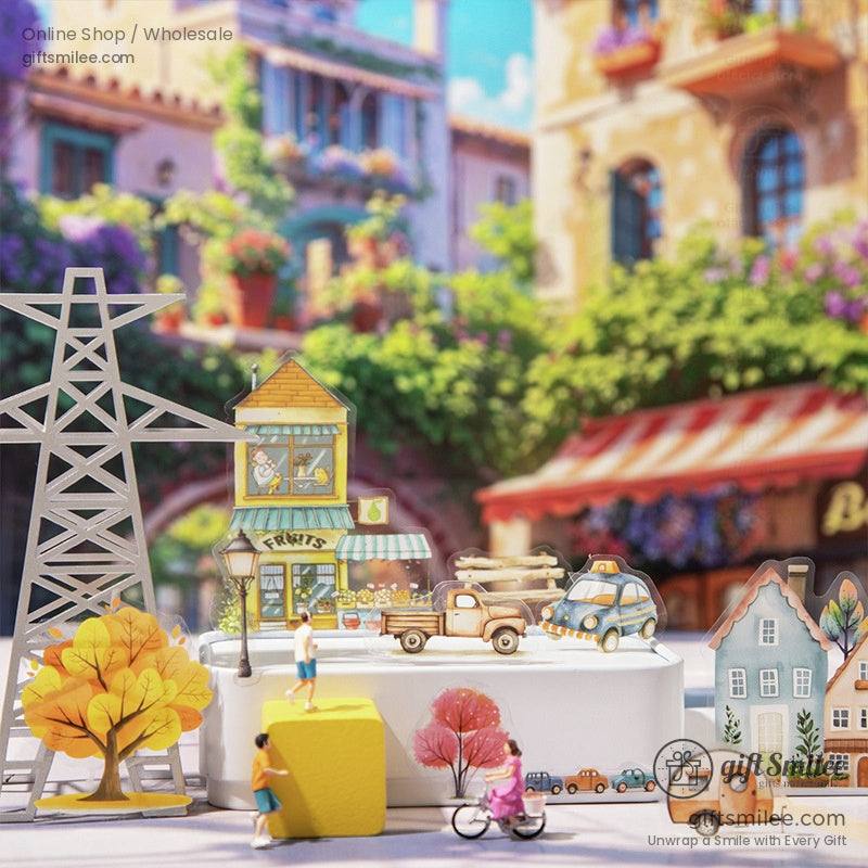 Detailed market scene with cars and trees from a small town puzzle