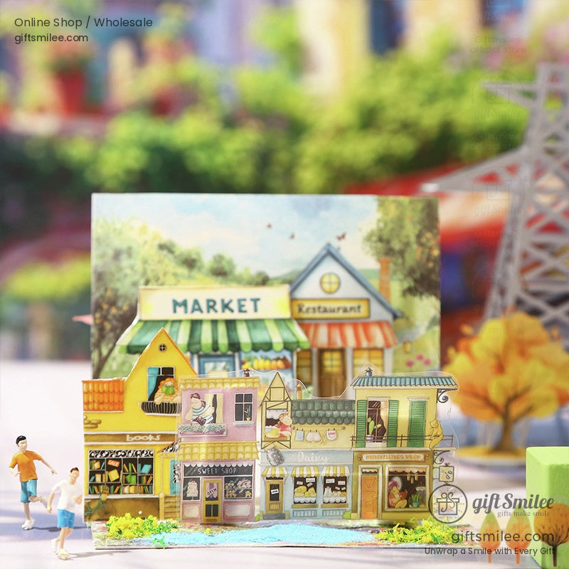 3D miniature town model with vibrant colors and intricate buildings