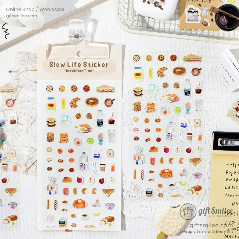 ** Breakfast-themed stickers with pancakes, milk bottles, and baked goods for planners and crafts.