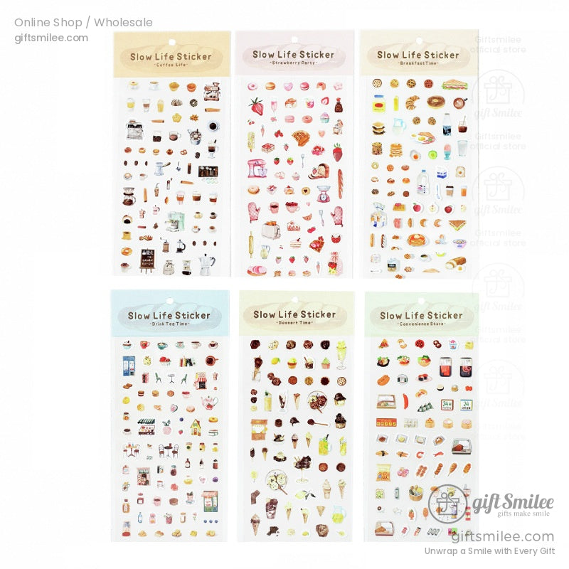 ** Complete set of Slow Life stickers with various food and drink themes for creative stationery enthusiasts.