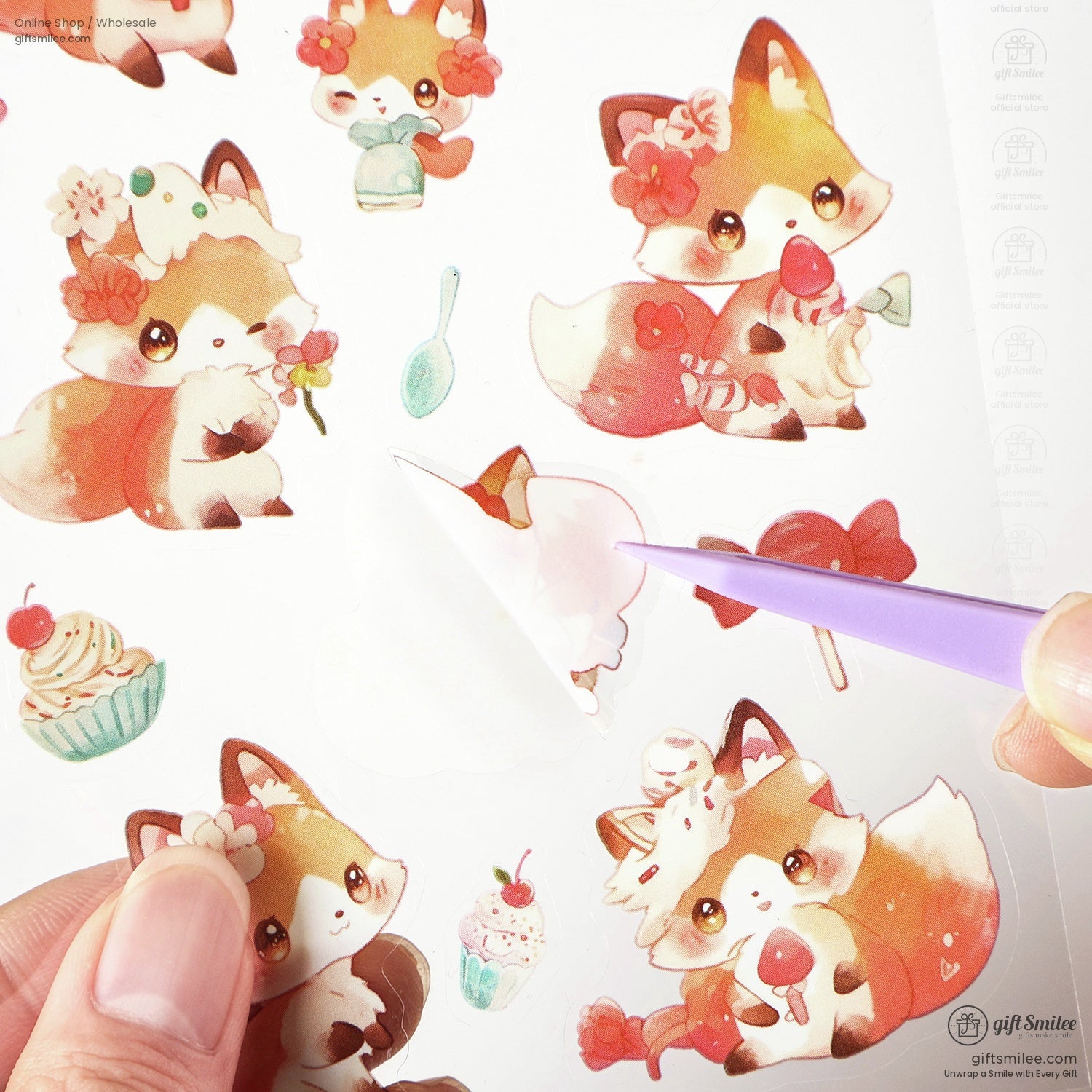 A detailed view of sweet fox stickers with desserts and floral accents, showcasing their intricate designs