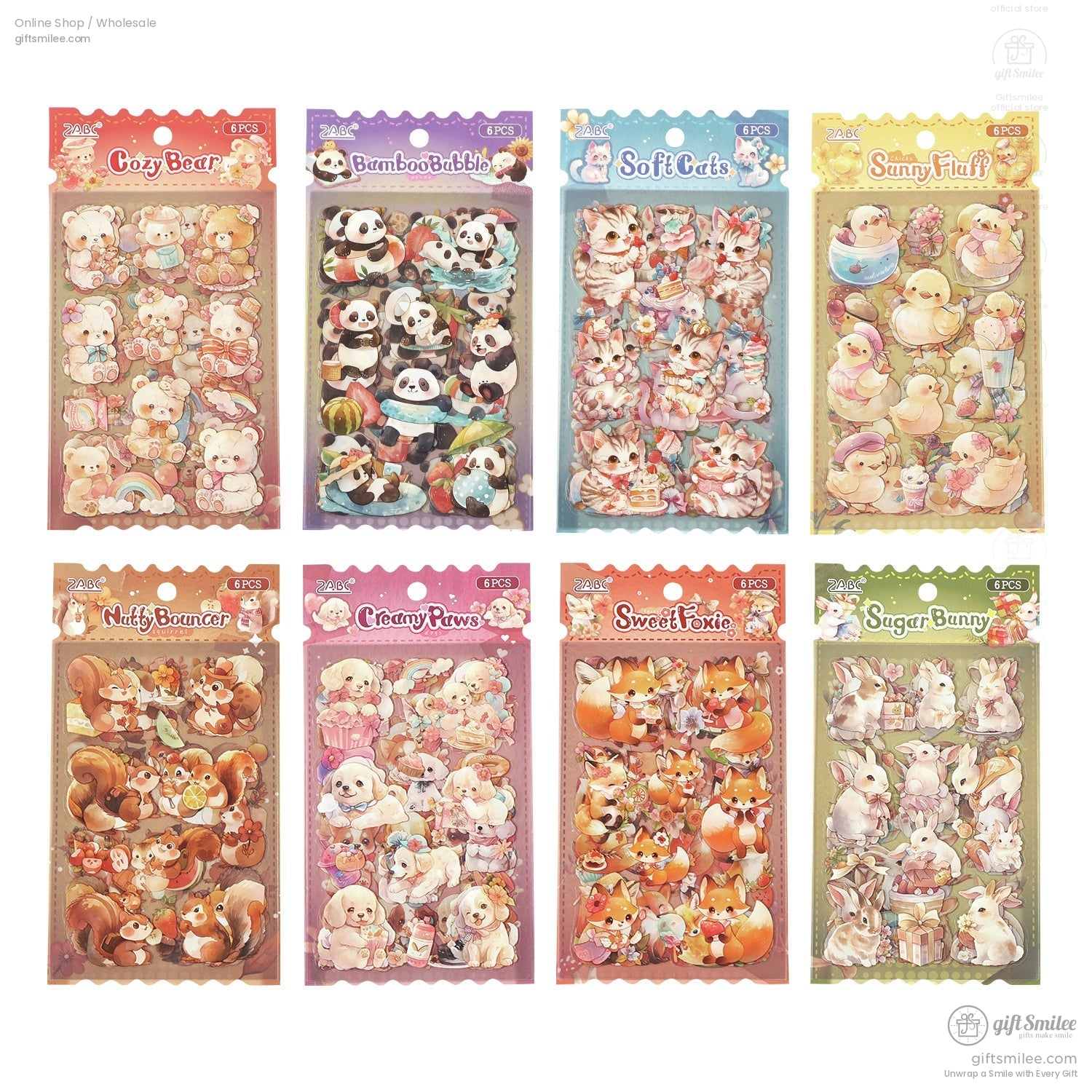 All eight packs of animal-themed stickers displayed together, featuring foxes, bunnies, pandas, bears, and cats