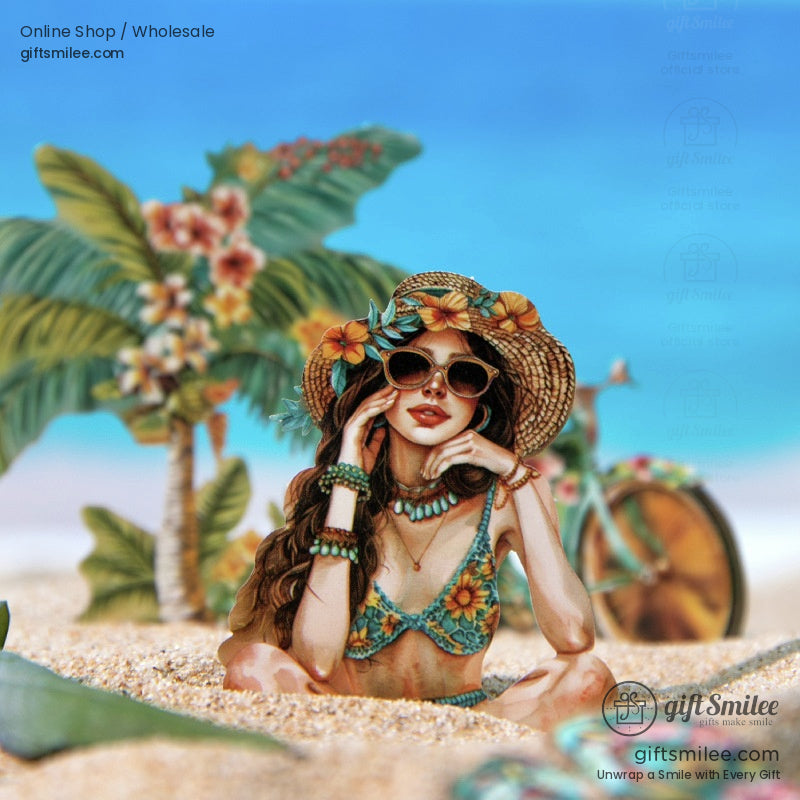 A vibrant boho-themed sticker featuring a woman in a sunflower bikini on a tropical beach with palm trees.