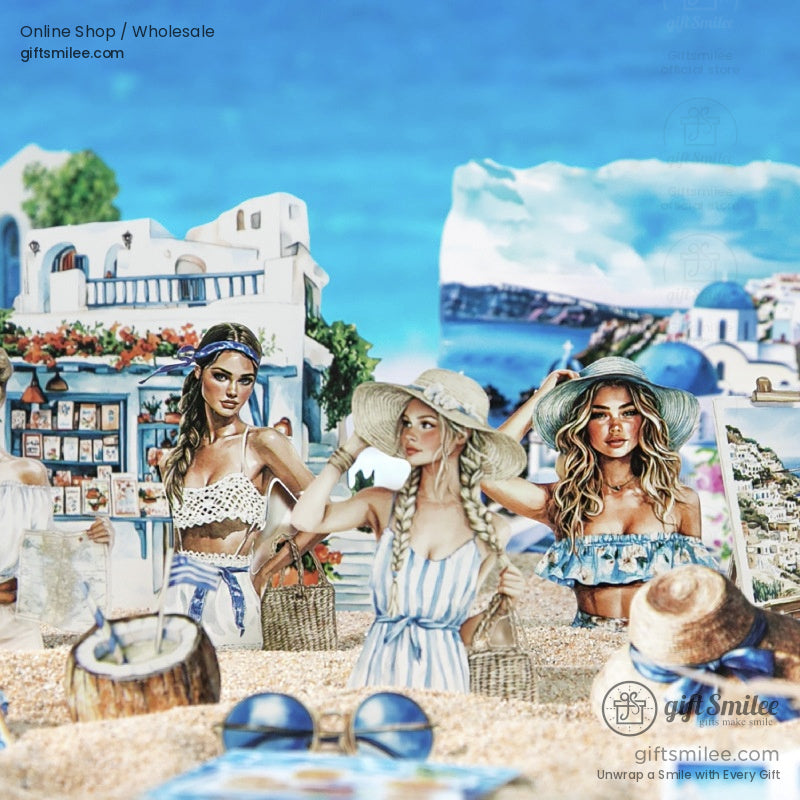Mediterranean-inspired stickers showing women in chic summer outfits with a backdrop of white buildings and blue domes.