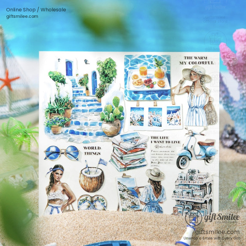 A sticker set showcasing tropical drinks, coastal landscapes, and beach-inspired accessories for journaling.