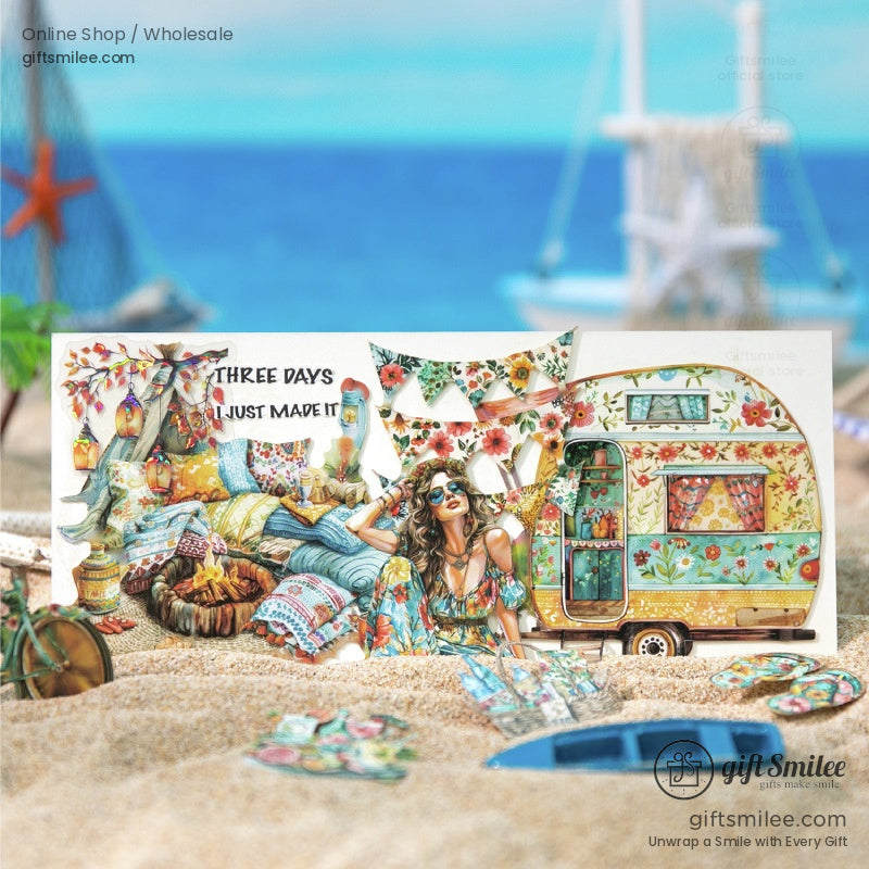 A bohemian caravan sticker scene with floral patterns, lounging decor, and a colorful camper van on a sandy beach.