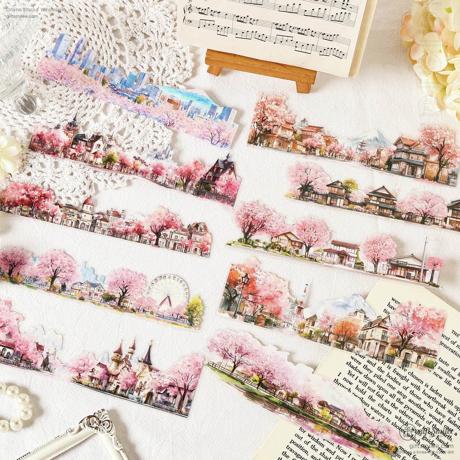 Decorative washi stickers showcasing cherry blossom trees and charming cityscapes