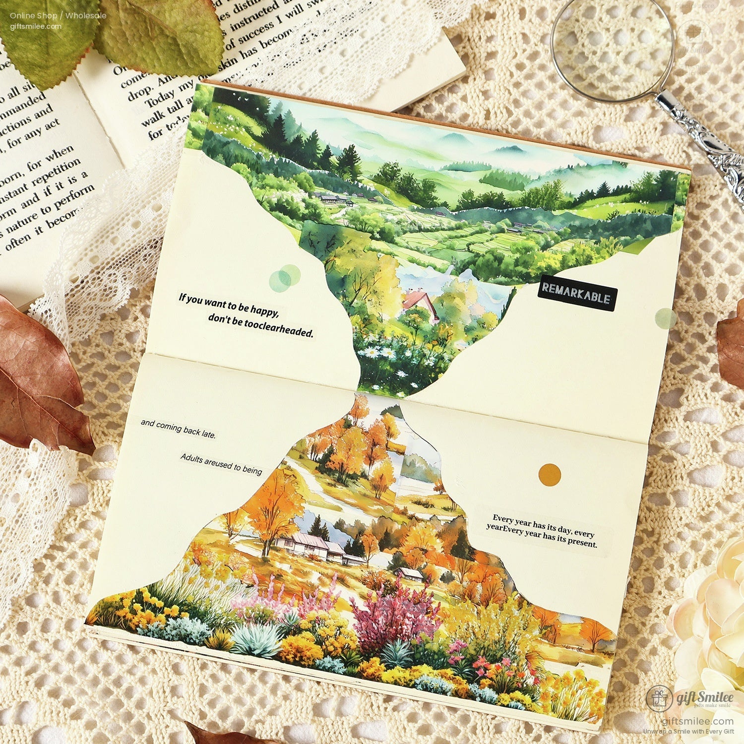 Open booklet-style arrangement of washi stickers with vibrant landscapes and inspiring quotes
