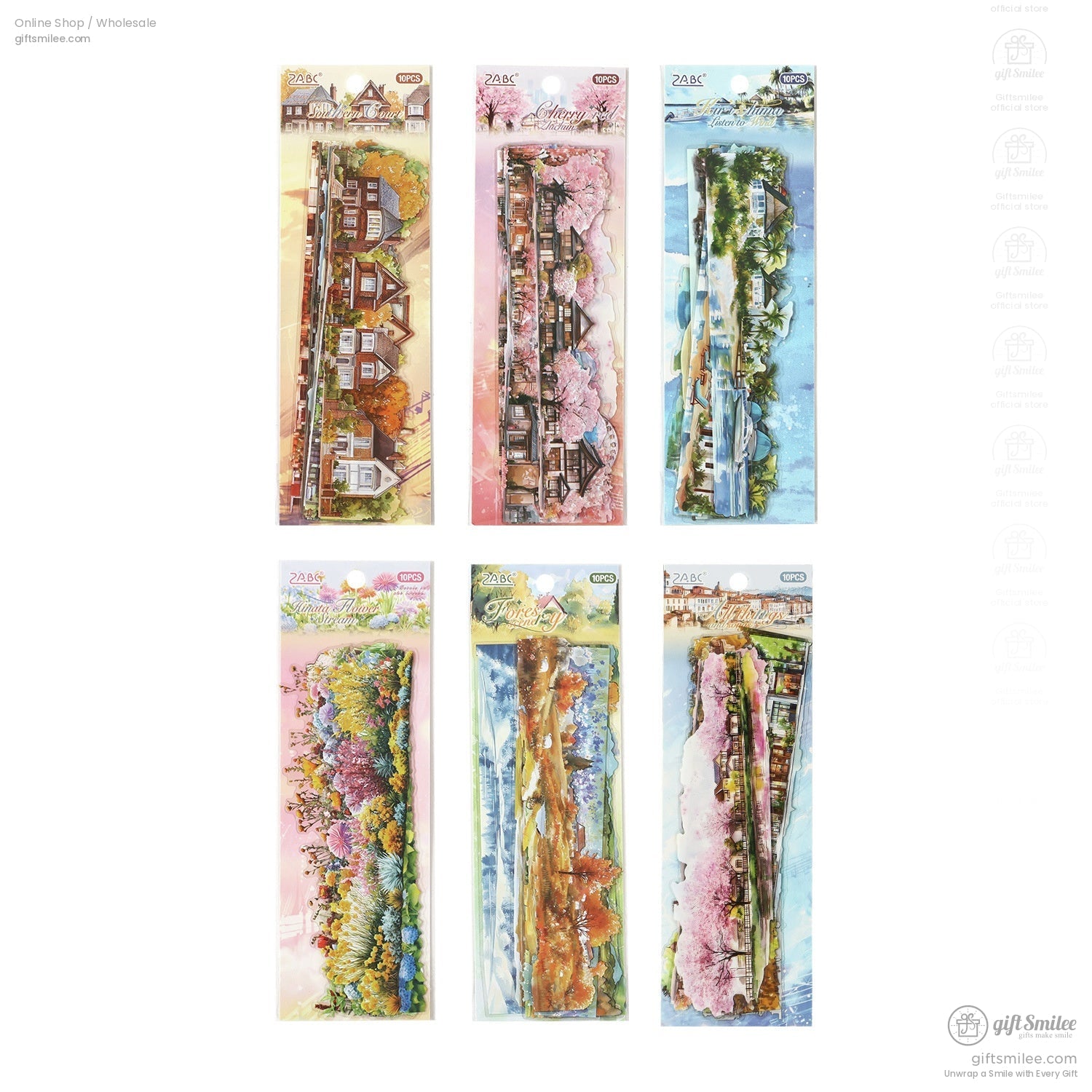 Full set of six scenic washi sticker packs arranged neatly, showcasing a variety of designs