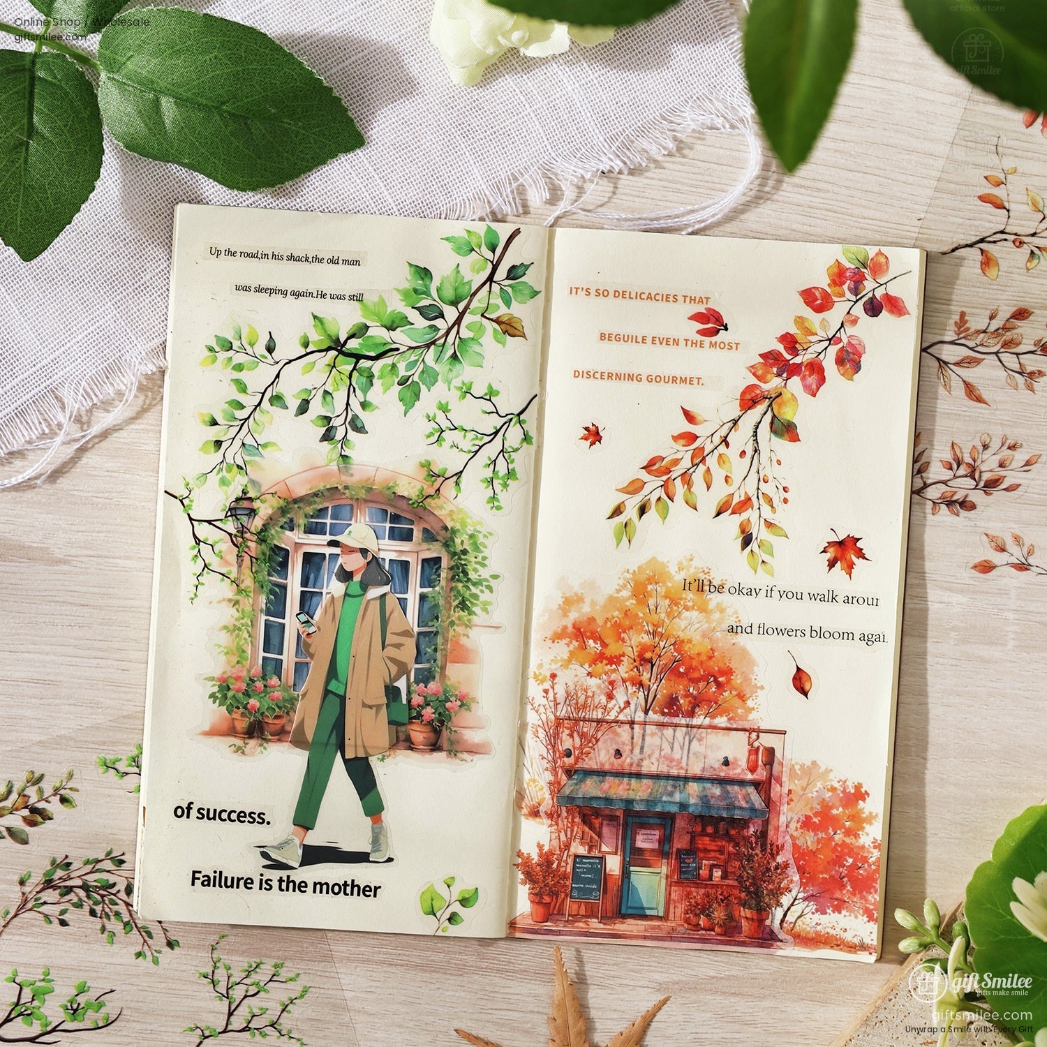 Scrapbook spread decorated with floral stickers, featuring a cozy autumn scene and lush greenery