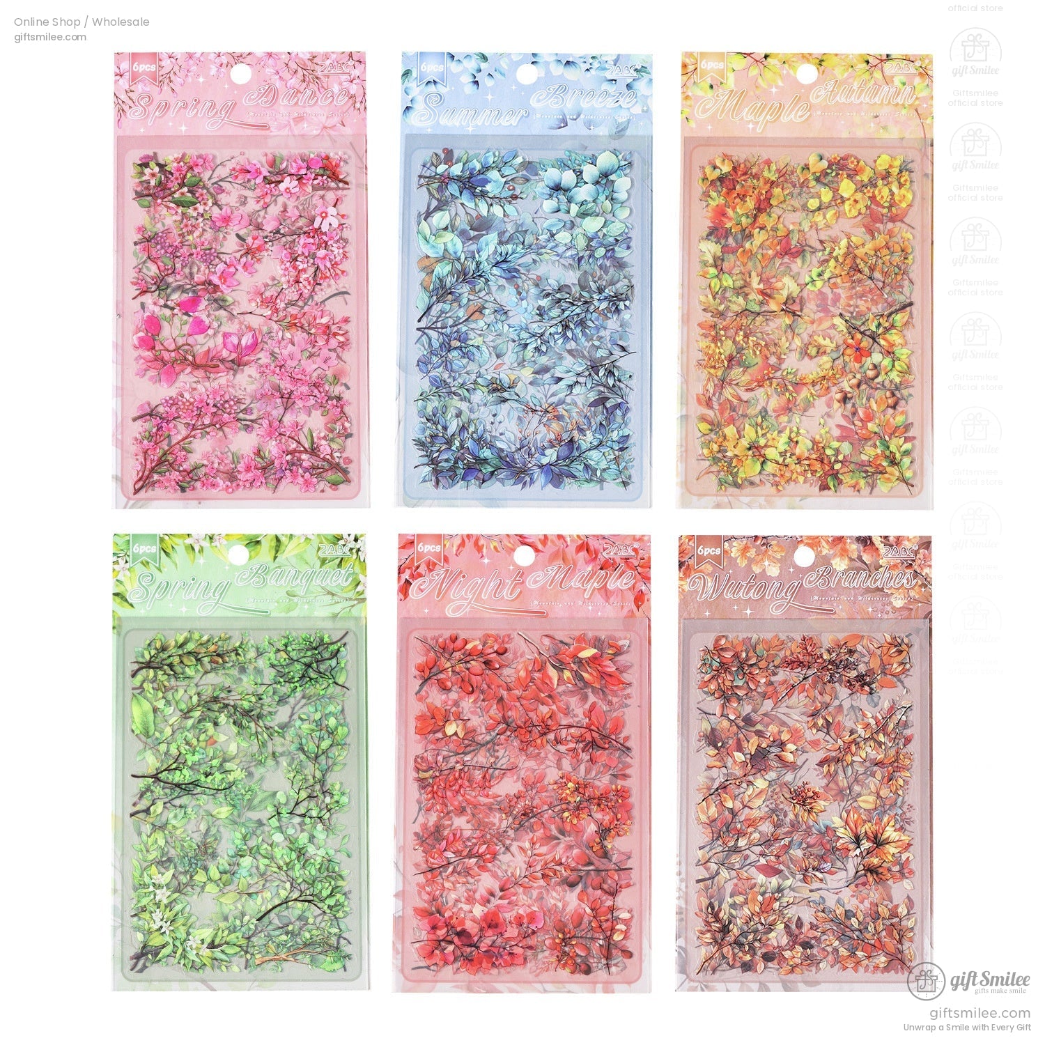 All six seasonal floral sticker packs arranged in a grid, showing the variety of designs for spring, summer, autumn, and winter