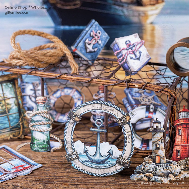 Nautical-themed scrapbook frame with seashells, lighthouse, and sea life embellishments