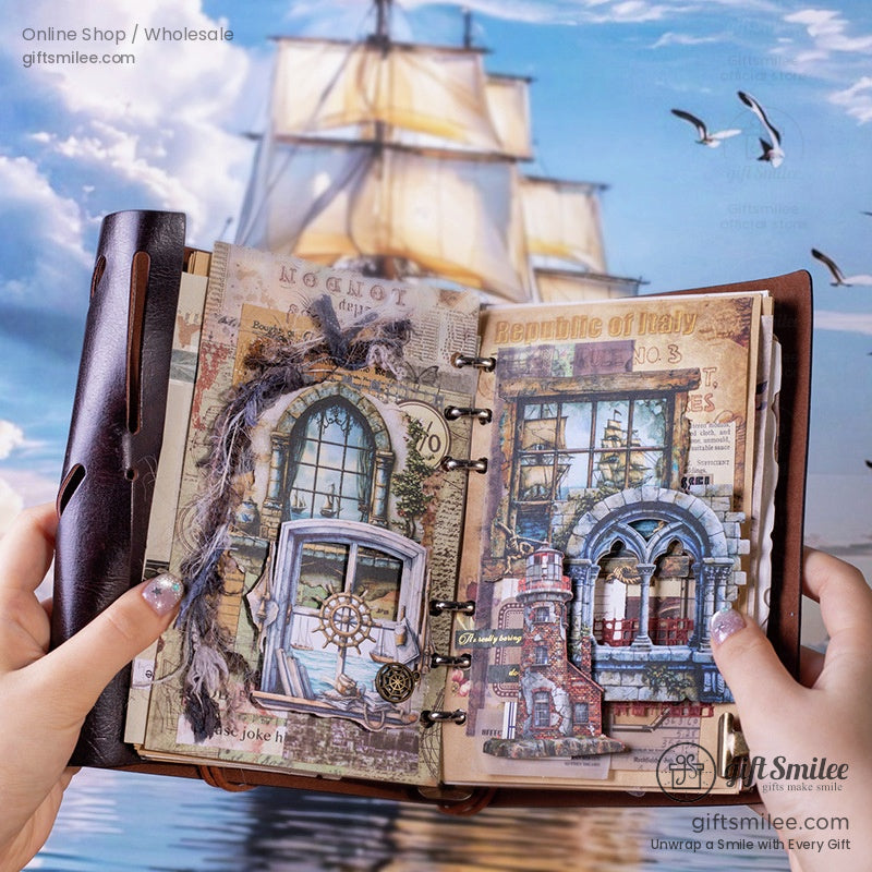 Open scrapbook with coastal-themed pages, ship details, and window frames