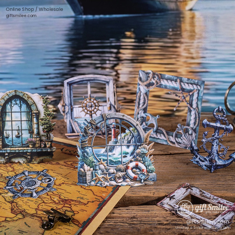 Ocean-inspired scrapbook embellishments including map designs, windows, and anchors