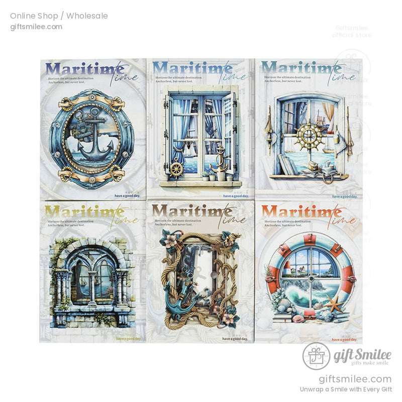Nautical scrapbook kit with maritime window frames, lifebuoys, and decorative accents