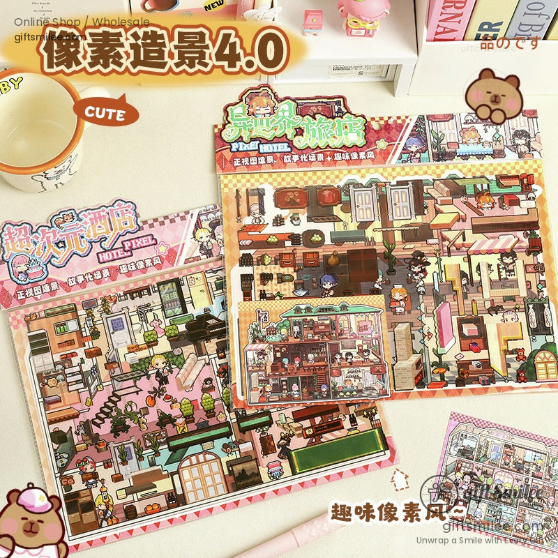 Pixel Hotel DIY sticker sheets with vibrant miniature scenes and accessories for creative crafting