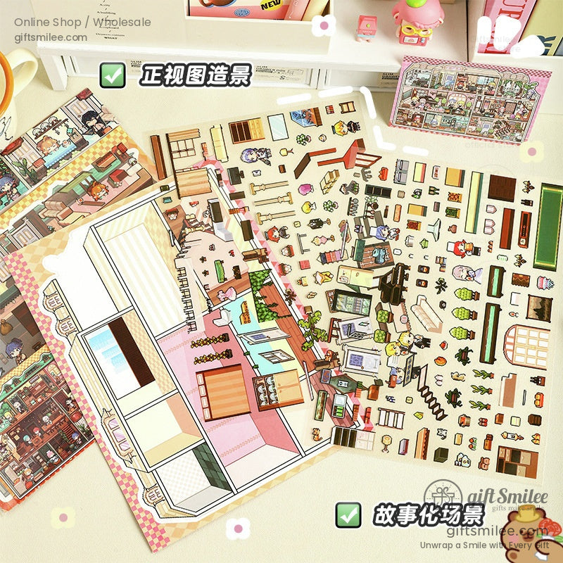 DIY sticker set with detailed elements for building a charming miniature hotel scene