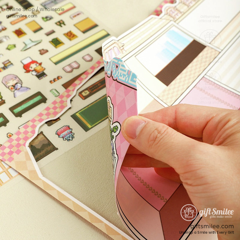 Close-up of a peelable sticker sheet featuring pixel art furniture and characters