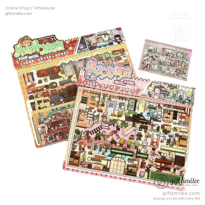 Full Pixel Hotel DIY sticker set, including colorful illustrated sheets for scene creation