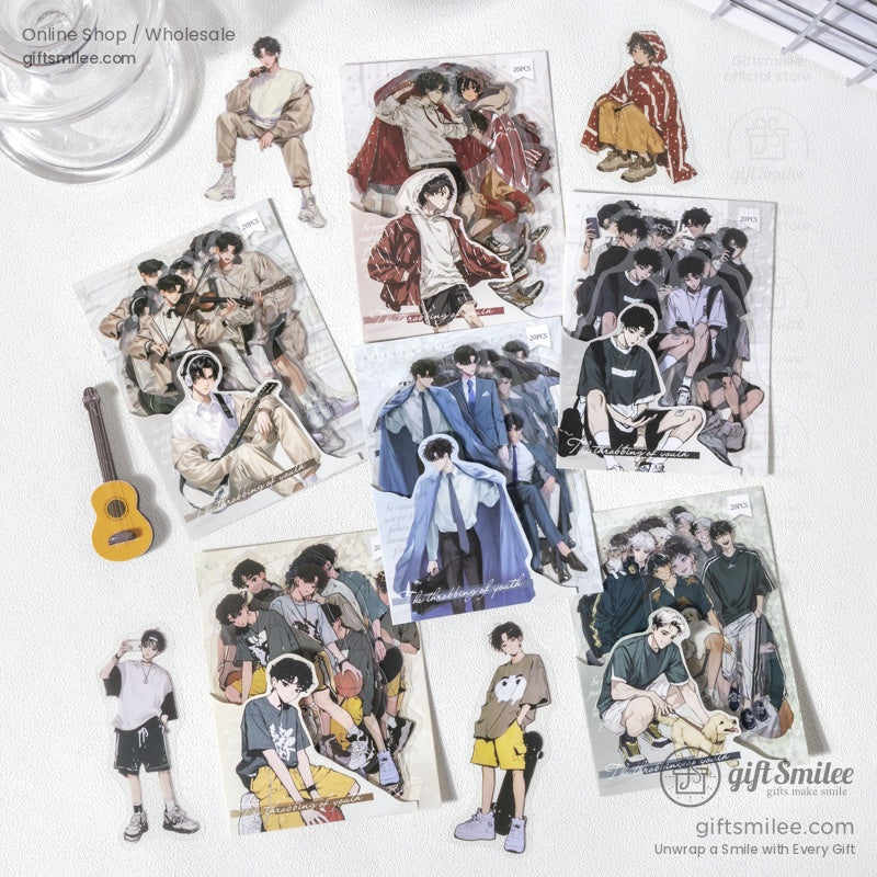 Close-up of anime boy stickers featuring casual outfits and vibrant designs.