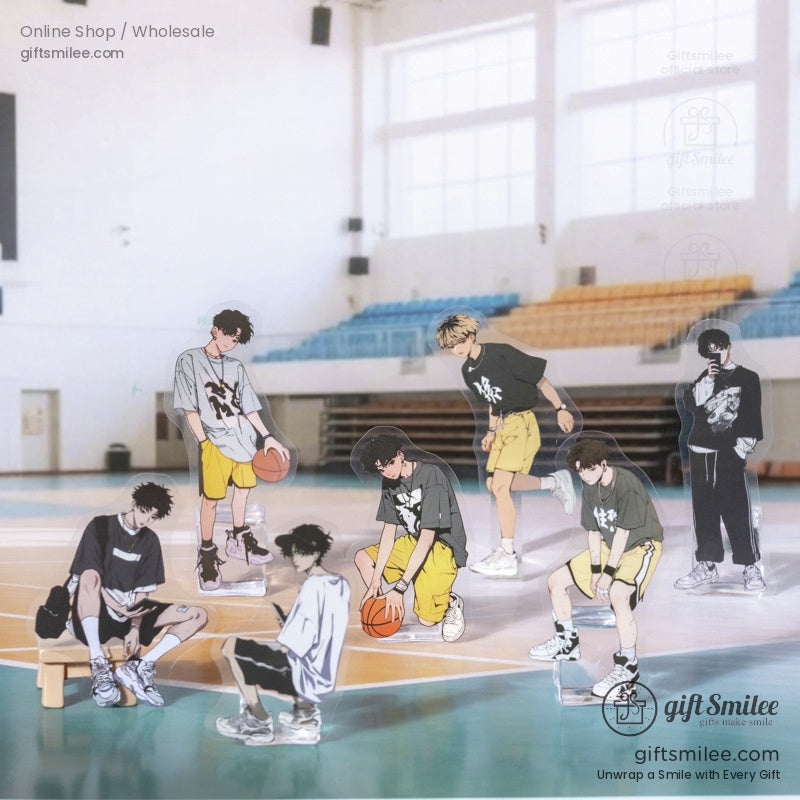 Anime boy stickers displayed on a basketball court, showcasing sporty-themed characters.
