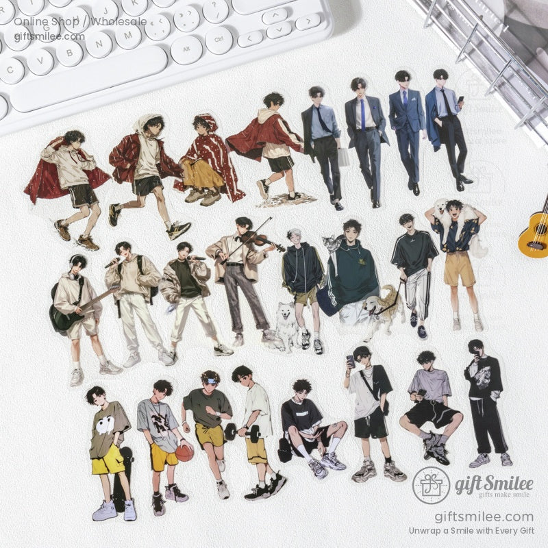 Full collection of anime character stickers laid out with a keyboard and journal.
