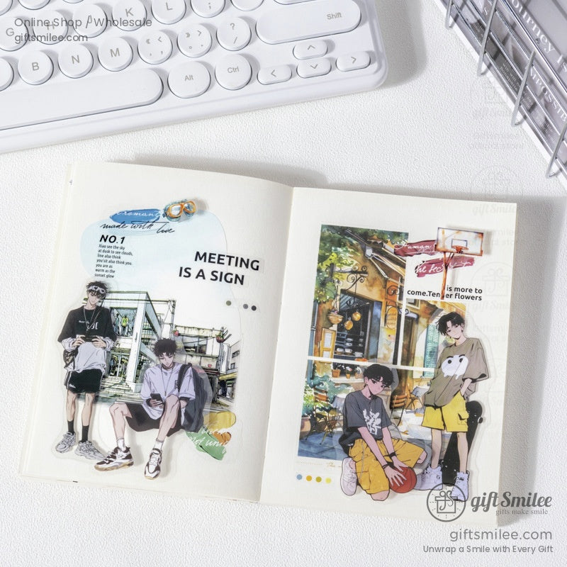 Anime boy stickers creatively arranged in a scrapbook with aesthetic journaling elements.